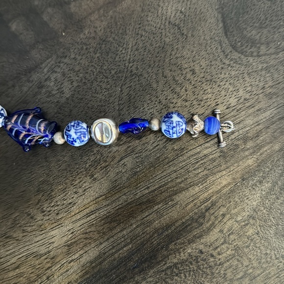 Sterling silver and blue glass and porcelain beads bracelet 8” fish beach ocean - Picture 4 of 5
